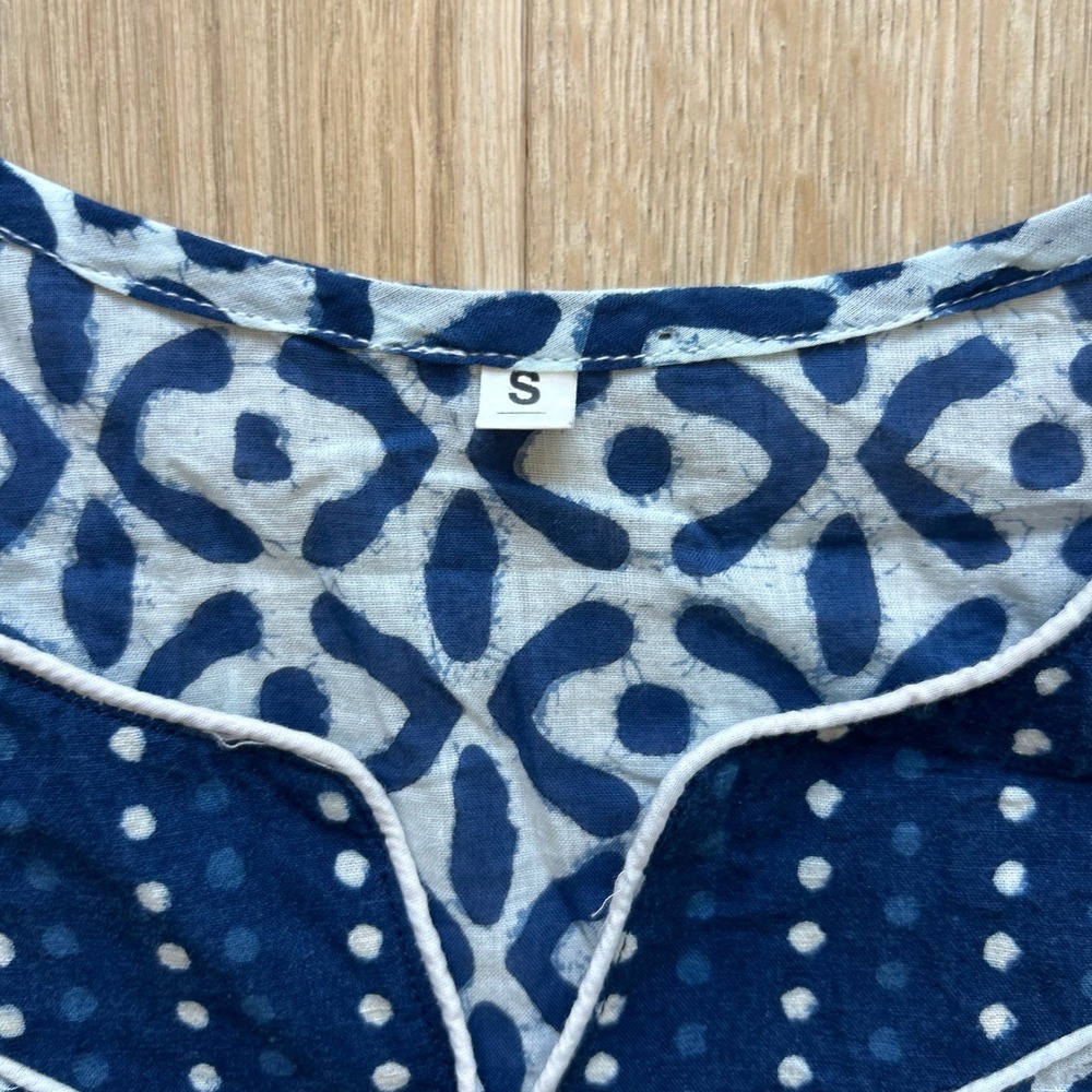 Indigo Block Print Dress Midi 5/6 Geometric 3/4 Sleeve Boho Resortwear Airy Boho - Picture 4 of 9